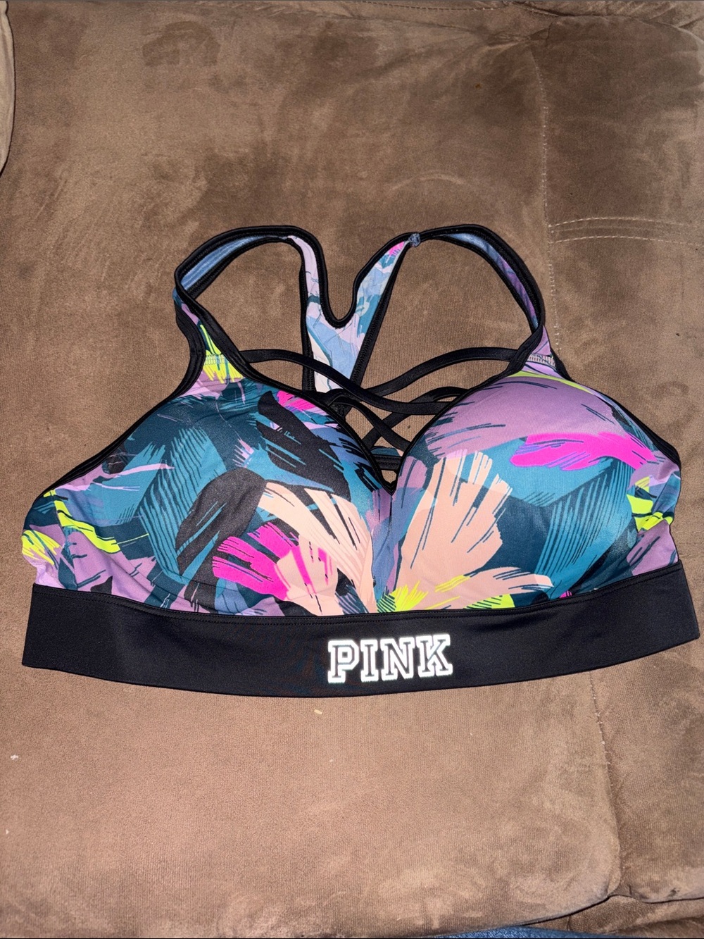 PINK Victoria's Secret Tropical Floral Strappy Sports Bra - Black, Pink, Teal